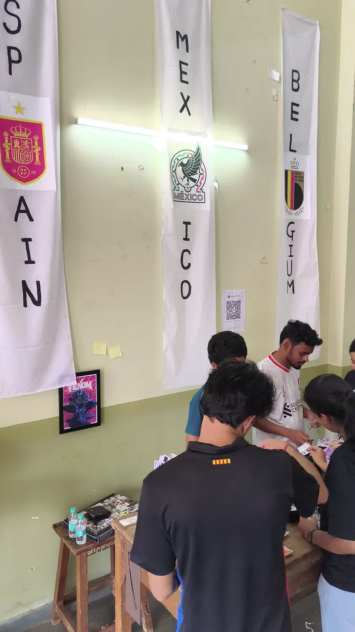 The stall set up under football flags
